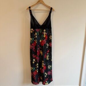 Ivy & Annabelle Intimates Floral Lace Trim Satin Nightgown Slip Dress Black L